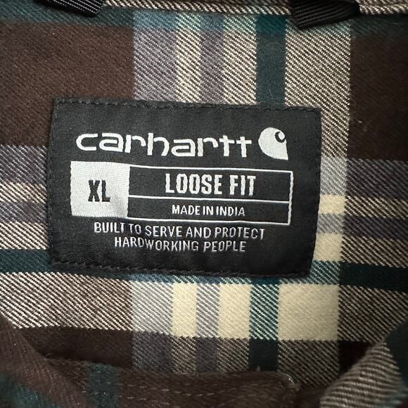 Carhartt Loose Fit Plaid Shirt Brown Green Cotton XL Regular Workwear Utility - Picture 4 of 11